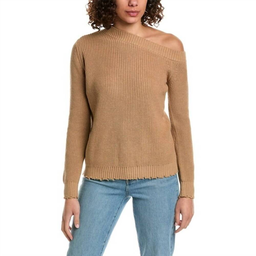 NEW MINNIE ROSE cotton shaker off-the-shoulder sweater top in brown sugar